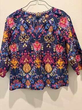 Talbots Navy Multicolor Floral Peasant Blouse Top M